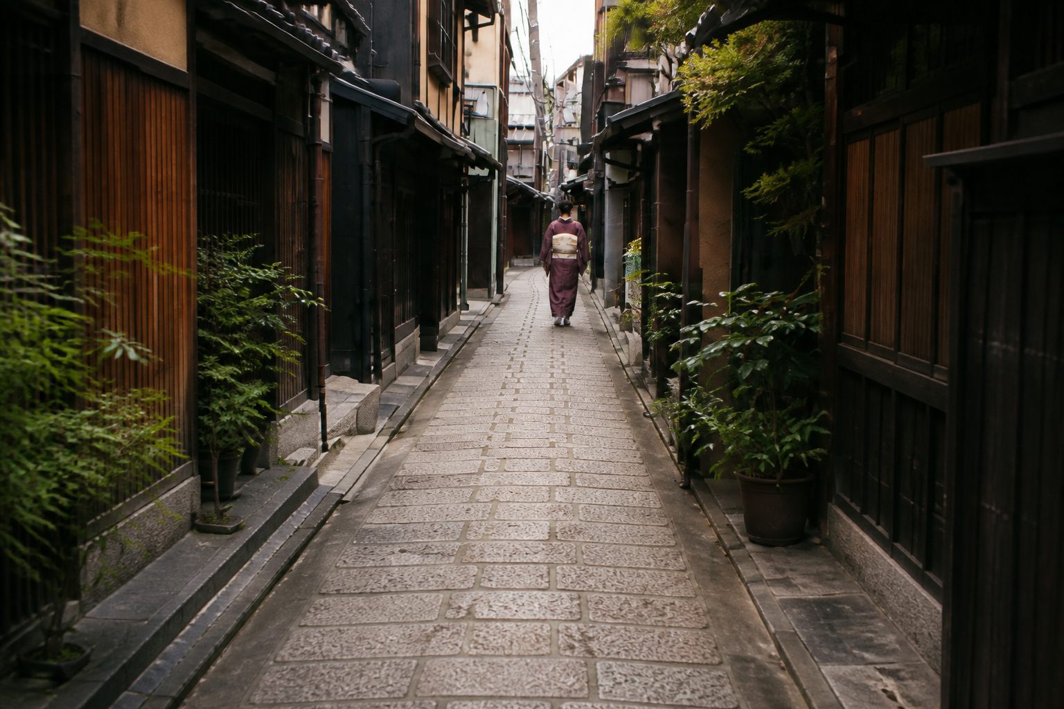 Deeper in the lane. Potted plants and wooden lattices line the way; the woman is further ahead now.