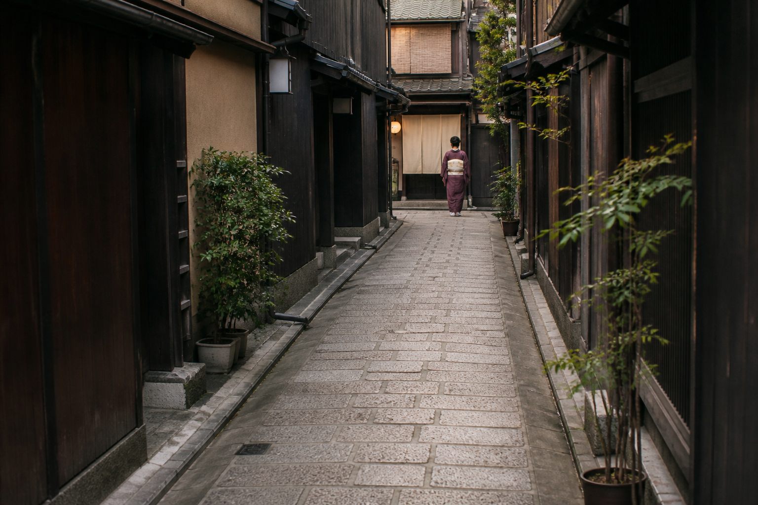 At the far end of the lane, a small entrance with an undyed curtain glows warmly. The woman stands near it, small in the distance.