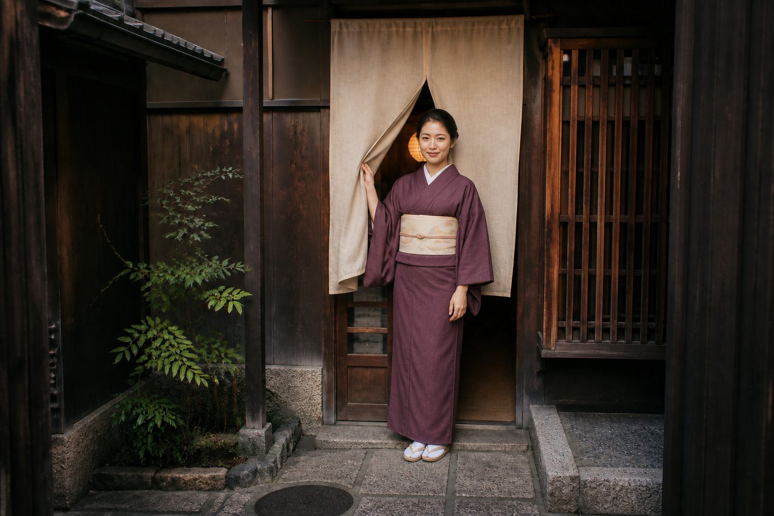 At the tea house entrance, the woman has turned to face the viewer, gently lifting the edge of the noren curtain with a calm smile.