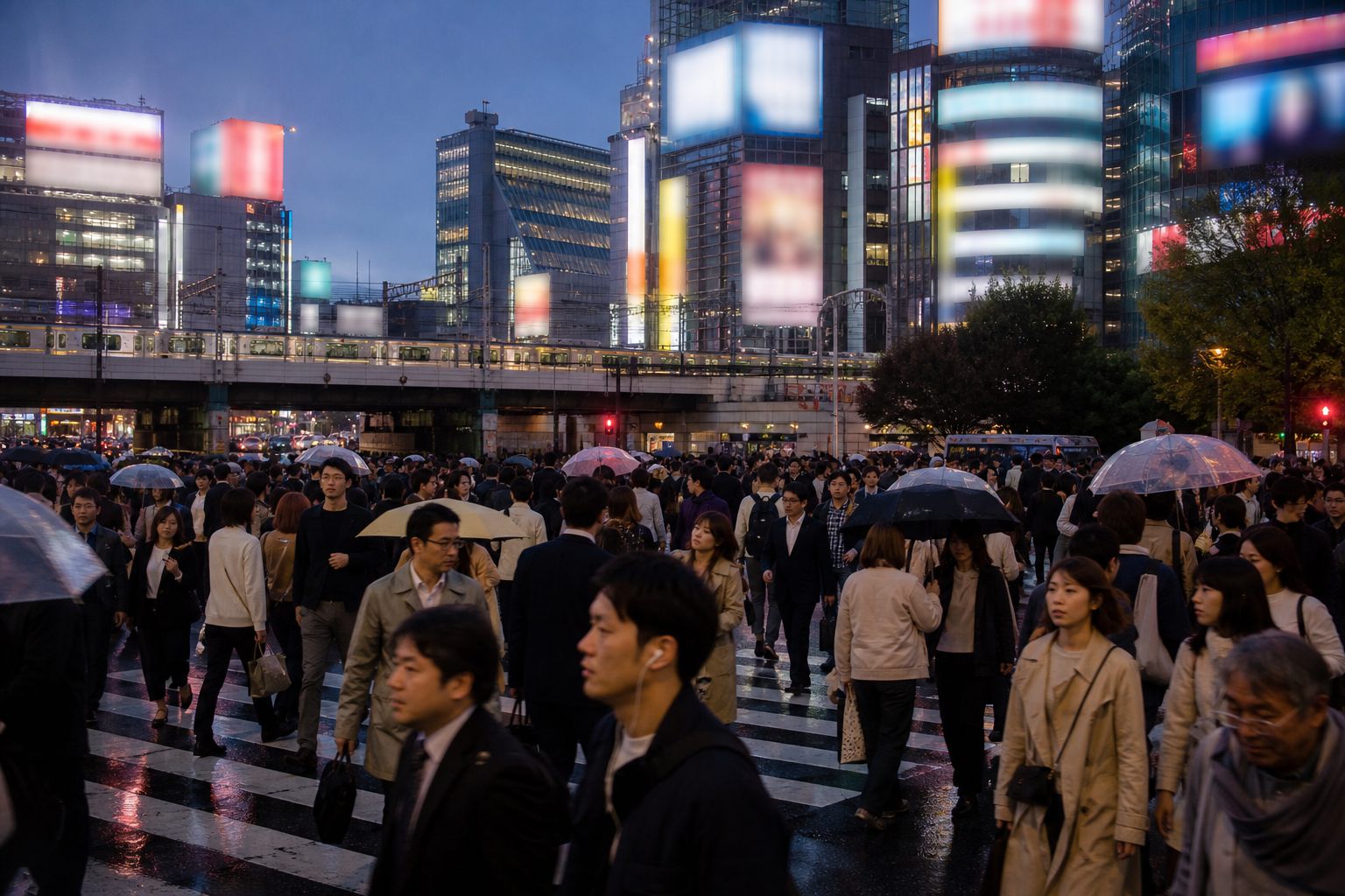 A dense crowd of pedestrians crossing a wide Tokyo intersection at dusk, towers and blurred light panels above, seen from within the crowd.