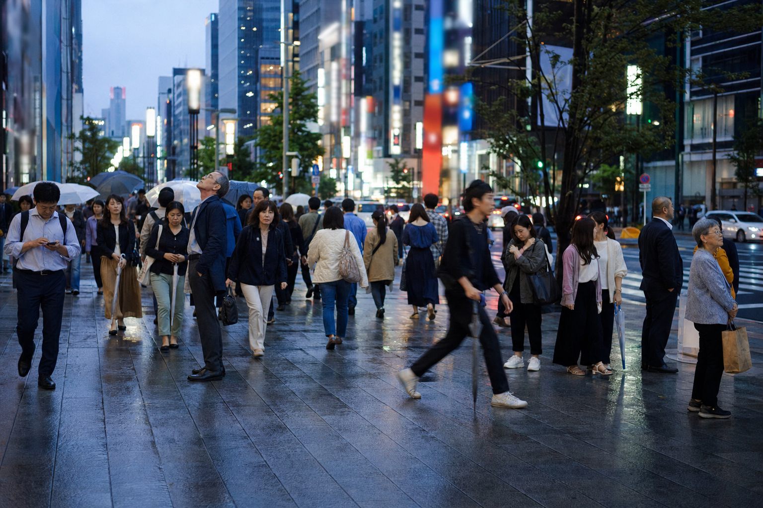 A broad avenue pavement just off the crossing. Around thirty people walk in every direction at different paces on wet ground under tall buildings.