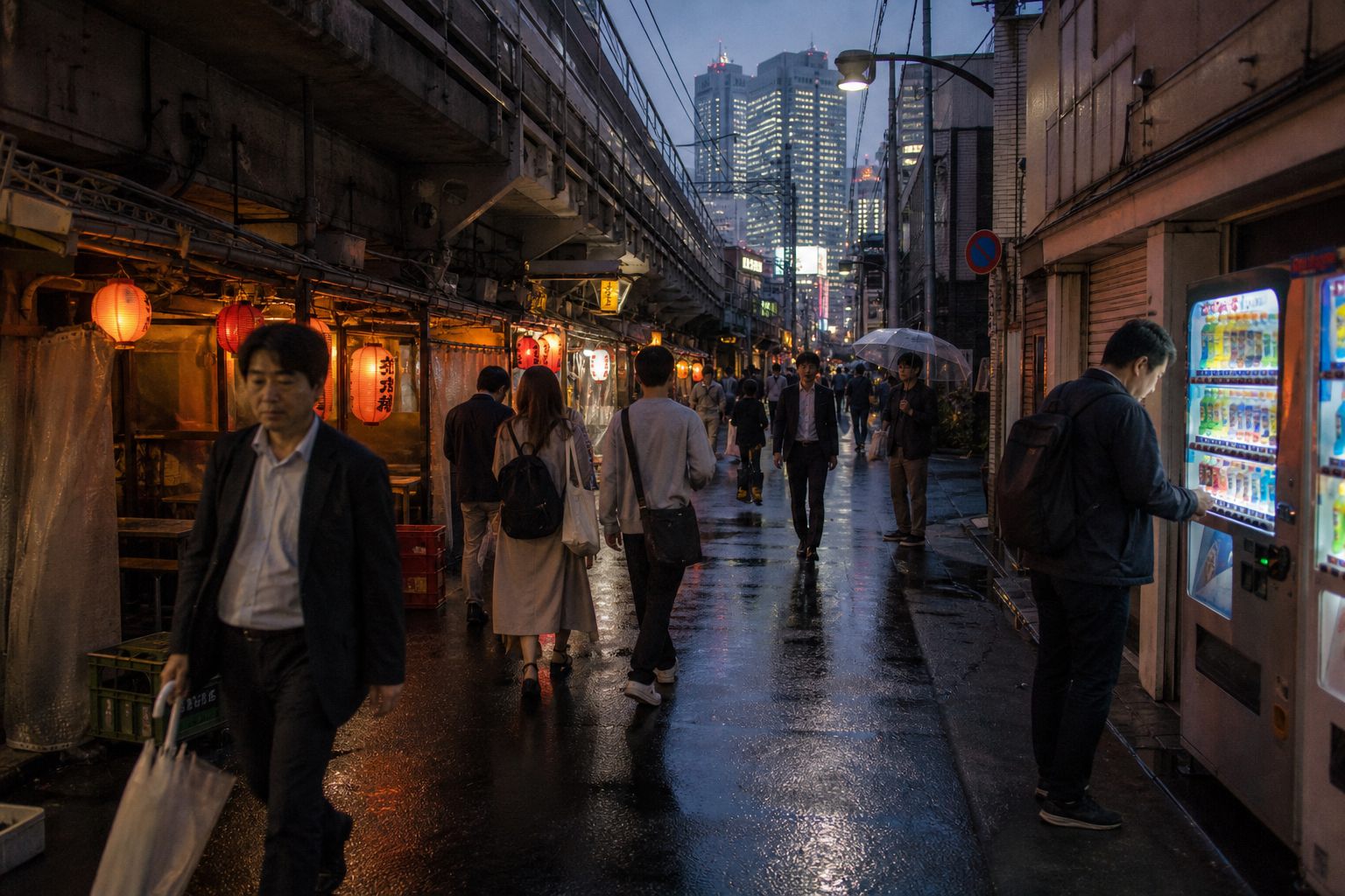 A narrower street beneath an elevated railway. About a dozen people walk in ones and twos past vending machines and small lanterns.