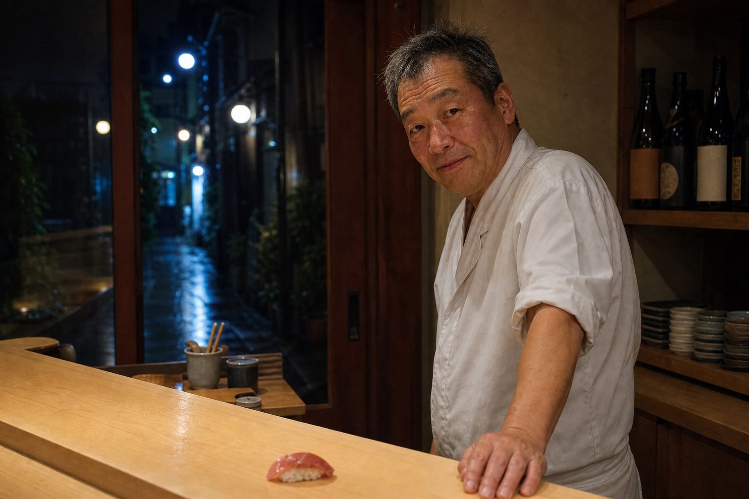 Inside a tiny sushi counter: a chef in a worn white jacket stands behind pale wood, glancing up at the viewer, one piece of nigiri on the counter. The wet alley is visible through the window beside him.