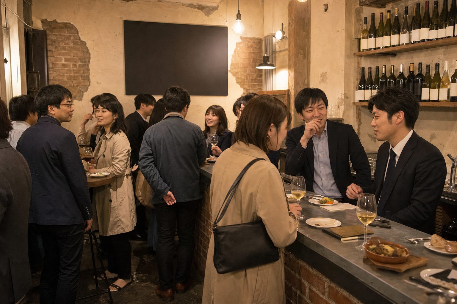 夜の立ち飲みバルの店内。仕事帰りの客がカウンターと立ち席に並んで、ワインと小皿を前に話している。奥の壁に何も書かれていない黒板が掛かっている。