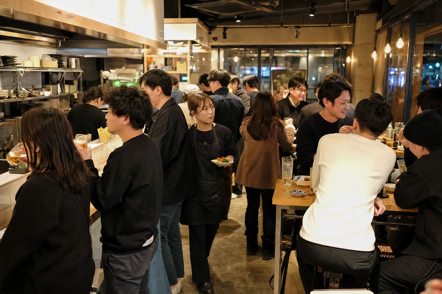 夜の立ち飲み店の店内。白いタイル壁と明るい木のカウンターのまわりに、仕事帰りの客が立って飲んでいる。エプロン姿の女性スタッフが小皿を運んでいる。
